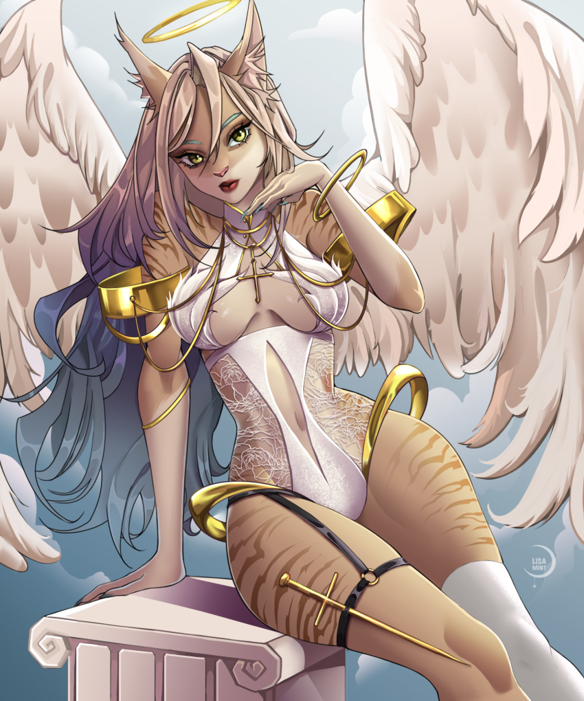 2022 5_fingers anthro breasts clothed clothing day detailed_background digital_media_(artwork) eyebrows eyelashes feathered_wings feathers female fingers fur green_eyes hair hi_res hybrid lisaamint looking_at_viewer navel outside sky solo wings