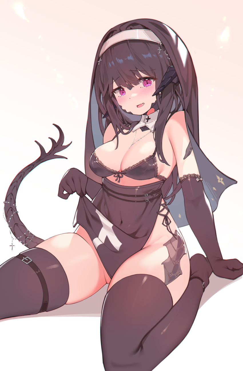 1girl absurdres ankle_belt au_ra avatar_(ff14) bangs belt black_belt black_bra black_gloves black_hair black_horns black_tail black_thighhighs black_veil blunt_bangs blush bra breasts chinese_commentary cleavage clothes_lift commentary covered_navel cross cross_necklace detached_collar dragon_girl dragon_horns dragon_tail elbow_gloves final_fantasy final_fantasy_xiv foot_out_of_frame gloves high-waist_skirt highres horns jewelry jewelry_removed lifted_by_self looking_at_viewer medium_breasts necklace necklace_removed nun open_mouth pink_eyes scales side_slit sidelocks sitting skirt skirt_lift solo tail tail_ornament thigh_belt thigh_strap thighhighs underwear wariza white_background zhazhapao