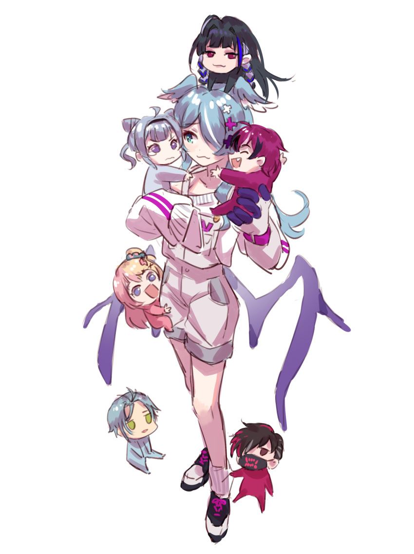 3boys 4girls :3 absurdres aged_down ahoge baby black_hair blonde_hair blue_eyes blue_hair braid closed_mouth clothes_tug cone_hair_bun cross cross_hair_ornament doppio_dropscythe double_bun dragon_girl dragon_tail elira_pendora green_eyes grey_hair hair_bun hair_ornament hair_over_one_eye head_wings hex_haywire highres kotoka_torahime long_hair long_sleeves maplesights mask meloco_kyoran mouth_mask multicolored_hair multiple_boys multiple_girls nijisanji nijisanji_en open_mouth purple_hair red_eyes shoes shorts simple_background sleeves_past_fingers sleeves_past_wrists smile sneakers socks streaked_hair sweater tail twin_braids ver_vermillion virtual_youtuber white_background white_shorts white_socks white_sweater zaion_lanza