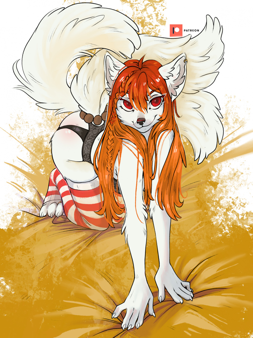 2022 4_toes 5_fingers anthro breasts clothing digital_media_(artwork) feet female fingers fur gimka hair hi_res orange_body orange_fur panties red_eyes red_hair smile solo toes underwear white_body white_fur