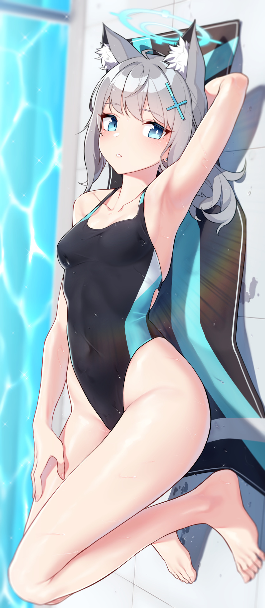 1girl absurdres ahoge animal_ear_fluff animal_ears arm_behind_head arm_up armpits bare_arms bare_shoulders barefoot beach_mat black_one-piece_swimsuit blue_archive blue_eyes blurry blurry_background breasts bright_pupils collarbone commentary_request competition_swimsuit covered_navel depth_of_field extra_ears grey_hair hair_ornament halo halterneck hand_on_own_thigh highleg highleg_swimsuit highres knees_up long_hair looking_at_viewer lying mismatched_pupils narynn on_back one-piece_swimsuit parted_lips poolside shiroko_(blue_archive) shiroko_(swimsuit)_(blue_archive) small_breasts solo swimsuit thighs wet