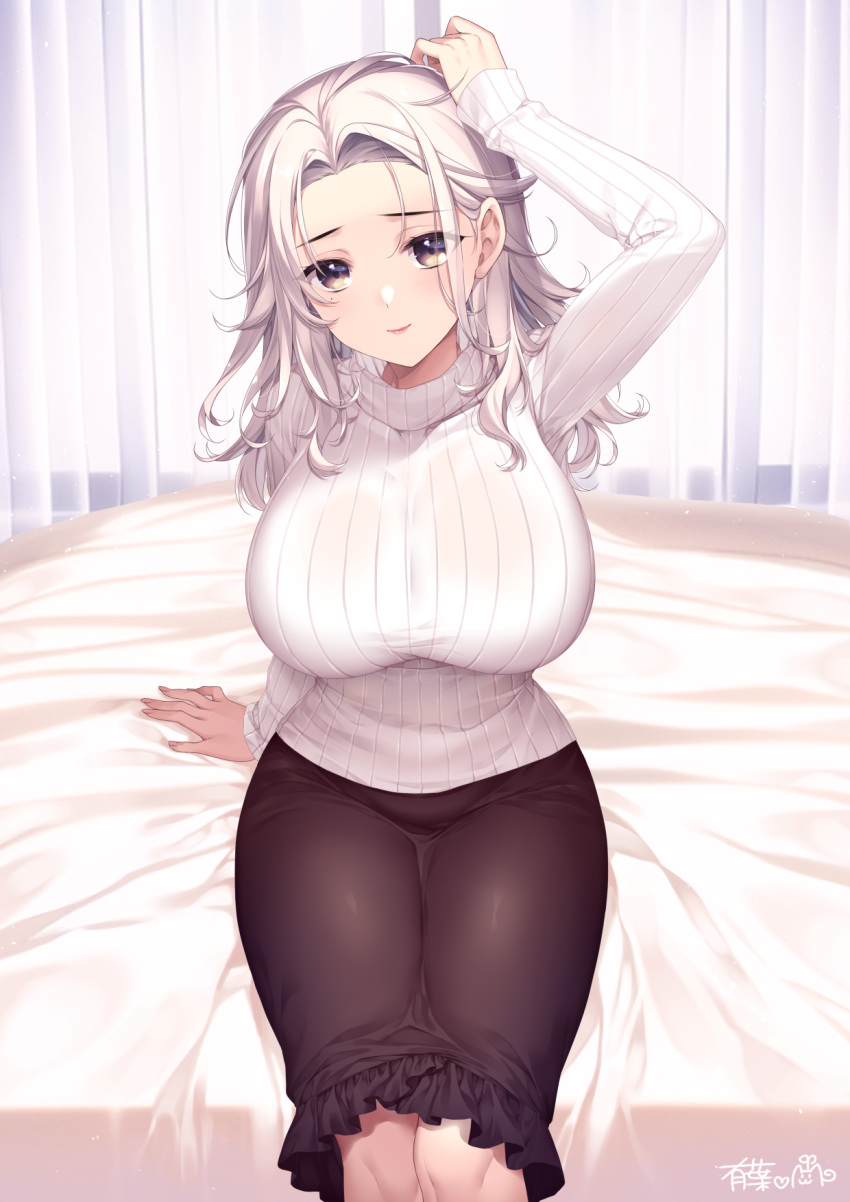 1girl alpha_(yukai_na_nakamatachi) bedside black_skirt breasts brown_eyes closed_mouth curvy feet_out_of_frame forehead hand_on_own_head highres indoors knees large_breasts long_hair long_sleeves looking_at_viewer medium_skirt original ribbed_sweater see-through signature sitting skirt sleeves_past_wrists smile solo sweater taut_sweater turtleneck turtleneck_sweater white_hair white_sweater