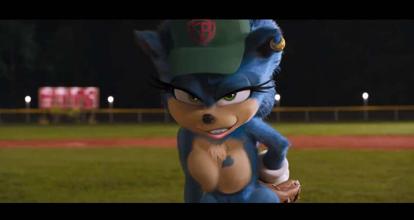 &lt;3 anthro baseball_cap black_bars blue_body blue_fur clothing ear_piercing ear_ring edit edited_screencap female fur hat headgear headwear hi_res letterbox piercing ring_piercing screencap sega shadman solo sonic_the_hedgehog sonic_the_hedgehog_(film) sonic_the_hedgehog_(series) ugly_sonic