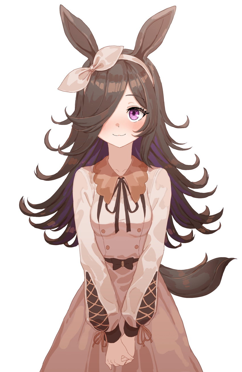 1girl :3 absurdres animal_ears black_hair breasts hair_over_one_eye hairband highres horse_ears horse_tail looking_at_viewer nasuta5mamma own_hands_together purple_eyes rice_shower_(umamusume) simple_background smile solo tail umamusume white_background