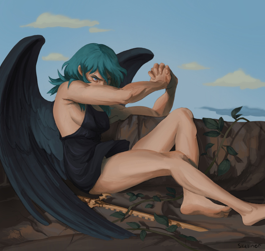 1girl angel_wings angry black_dress black_wings blue_eyes blue_hair blue_sky breasts byleth_(fire_emblem) dress fallen_angel fallen_angel_(painting) fine_art_parody fire_emblem fire_emblem:_three_houses highres leaf parody plant procreate_(medium) sideboob skelinor sky sword_of_the_creator teardrop vines wings