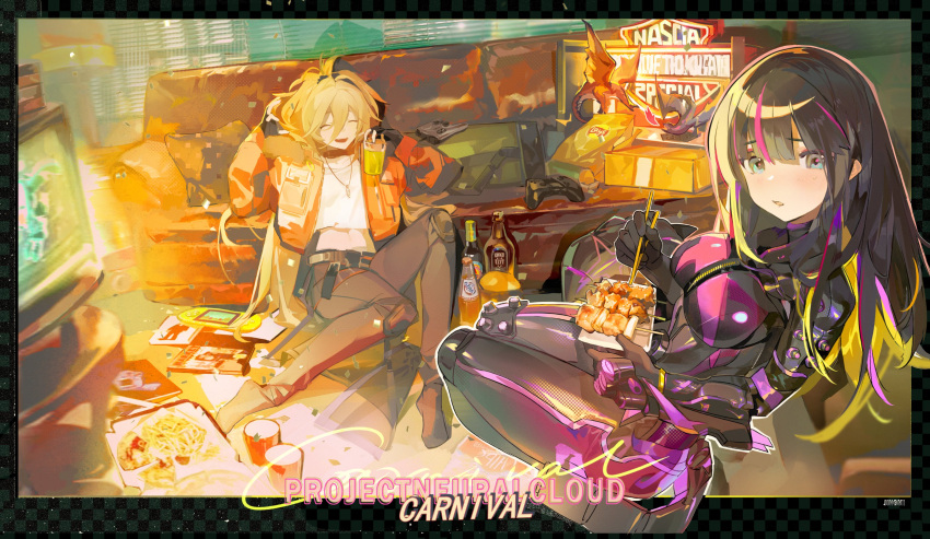 2girls black_hair black_pants blonde_hair blue_eyes bodysuit breasts chips_(food) chopsticks closed_eyes commentary_request couch cup fingerless_gloves food game_console girls'_frontline girls'_frontline_neural_cloud gloves highres holding holding_cup jacket jewelry jing_mei_(hisk) kebab knee_pads large_breasts looking_at_viewer midriff multicolored_hair multiple_girls nascita_(girls'_frontline_nc) navel necklace no_shoes open_mouth orange_jacket pants pink_hair pizza shirt sitting smile sol_(girls'_frontline_nc) streaked_hair television white_shirt