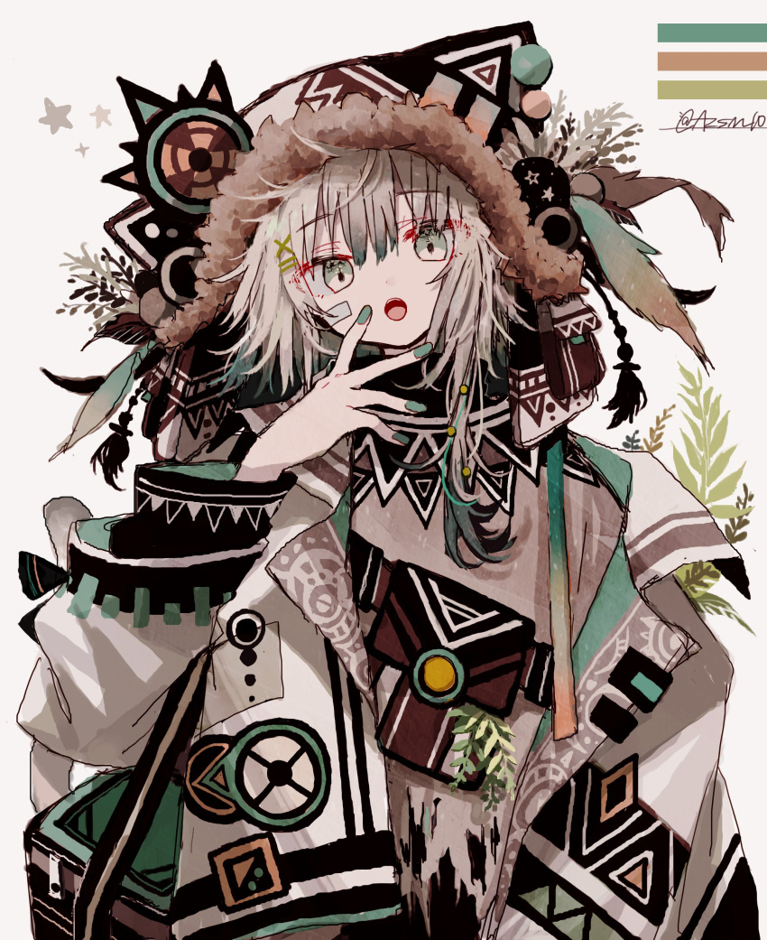 1girl absurdres aqua_nails azzz_(7334080) bangs grey_eyes grey_hair hair_ornament hairclip hand_up highres hood hood_up long_hair long_sleeves looking_at_viewer original solo star_(symbol) twitter_username upper_body x_hair_ornament