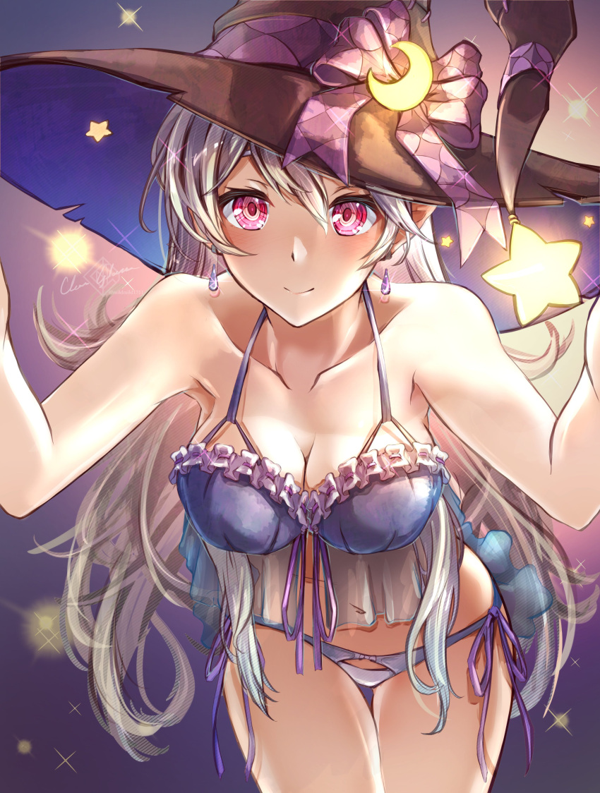 1girl absurdres blush bra breasts clear_glass_(mildmild1311) cleavage corrin_(fire_emblem) corrin_(fire_emblem)_(female) fire_emblem fire_emblem_fates fire_emblem_heroes hair_between_eyes hair_ornament hairband hat highres large_breasts long_hair looking_at_viewer pointy_ears red_eyes simple_background smile solo underwear white_hair