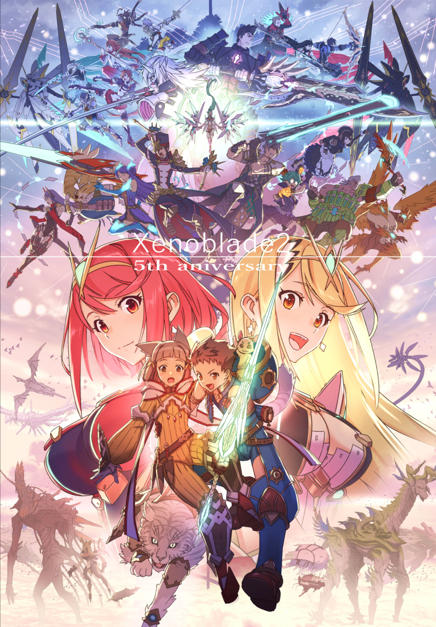 6+boys 6+girls addam_origo aegaeon_(xenoblade) aegis_sword_(xenoblade) android anniversary arm_around_waist armor azurda_(xenoblade) bangs black_coat black_hair black_leotard blonde_hair bow_(weapon) breasts brighid_(xenoblade) brown_eyes brown_gloves brown_hair circlet cleavage cleavage_cutout closed_eyes closed_mouth clothing_cutout coat copyright_name decoponmagi dress dromarch_(xenoblade) dual_wielding earrings everyone fan_la_norne full_body gauntlets glasses gloves glowing glowing_sword glowing_weapon green_eyes grey_hair hat highres holding holding_bow_(weapon) holding_staff holding_sword holding_weapon hugo_ardanach jewelry jin_(xenoblade) jumpsuit kicking large_breasts leotard lila_(xenoblade) long_hair long_sleeves looking_at_viewer lora_(xenoblade) malos_(xenoblade) mask medium_hair mikhail_(xenoblade) military military_hat military_uniform milton_(xenoblade) minoth_(xenoblade) morag_ladair_(xenoblade) multiple_boys multiple_girls mythra_(xenoblade) nia_(blade)_(xenoblade) nia_(xenoblade) open_mouth pandoria_(xenoblade) pneuma_(xenoblade) poppi_(xenoblade) poppi_qtpi_(xenoblade) pyra_(xenoblade) red_eyes red_hair red_scarf rex_(xenoblade) roc_(xenoblade) scarf short_hair short_sleeves smile spiked_hair staff swept_bangs sword tiara tora_(xenoblade_2) uniform vandham_(xenoblade_2) weapon white_dress white_gloves xenoblade_chronicles_(series) xenoblade_chronicles_2 xenoblade_chronicles_2:_torna_-_the_golden_country yellow_eyes yellow_jumpsuit zeke_von_genbu_(xenoblade)