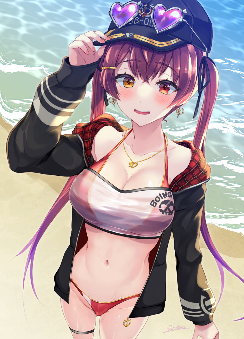 1girl baseball_cap beach bikini cheri_shi collarbone eyewear_on_head hat heterochromia highres holding holding_clothes holding_hat hololive houshou_marine jacket jewelry long_hair long_sleeves looking_at_viewer navel necklace ocean official_alternate_costume open_mouth orange_eyes red_eyes red_hair sand smile solo standing sunglasses swimsuit thigh_strap twintails virtual_youtuber