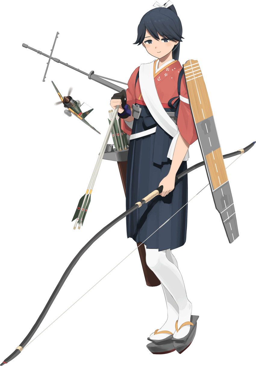 1girl arrow_(projectile) black_hair black_hakama bow_(weapon) flight_deck full_body hakama hakama_skirt highres houshou_(kancolle) houshou_kai_ni_(kancolle) japanese_clothes kantai_collection kimono official_art pantyhose pink_kimono ponytail quiver shibafu_(glock23) skirt tasuki weapon