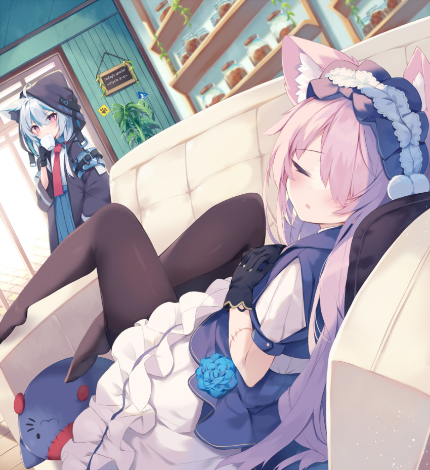 2girls ahoge animal_ear_fluff animal_ears bangs black_gloves black_jacket black_pantyhose blue_flower blue_hair blue_rose blue_skirt blush closed_mouth collared_shirt commentary_request couch cup dress flower gloves grey_hair hair_between_eyes hair_over_one_eye highres holding holding_cup hood hood_up hooded_jacket indoors jacket long_hair lying multicolored_hair multiple_girls necktie nibiiro_shizuka on_back on_couch open_clothes open_jacket original own_hands_together pantyhose parted_lips pink_hair plant pleated_skirt puffy_short_sleeves puffy_sleeves purple_eyes red_necktie rose shirt short_sleeves sign skirt streaked_hair very_long_hair white_dress white_shirt