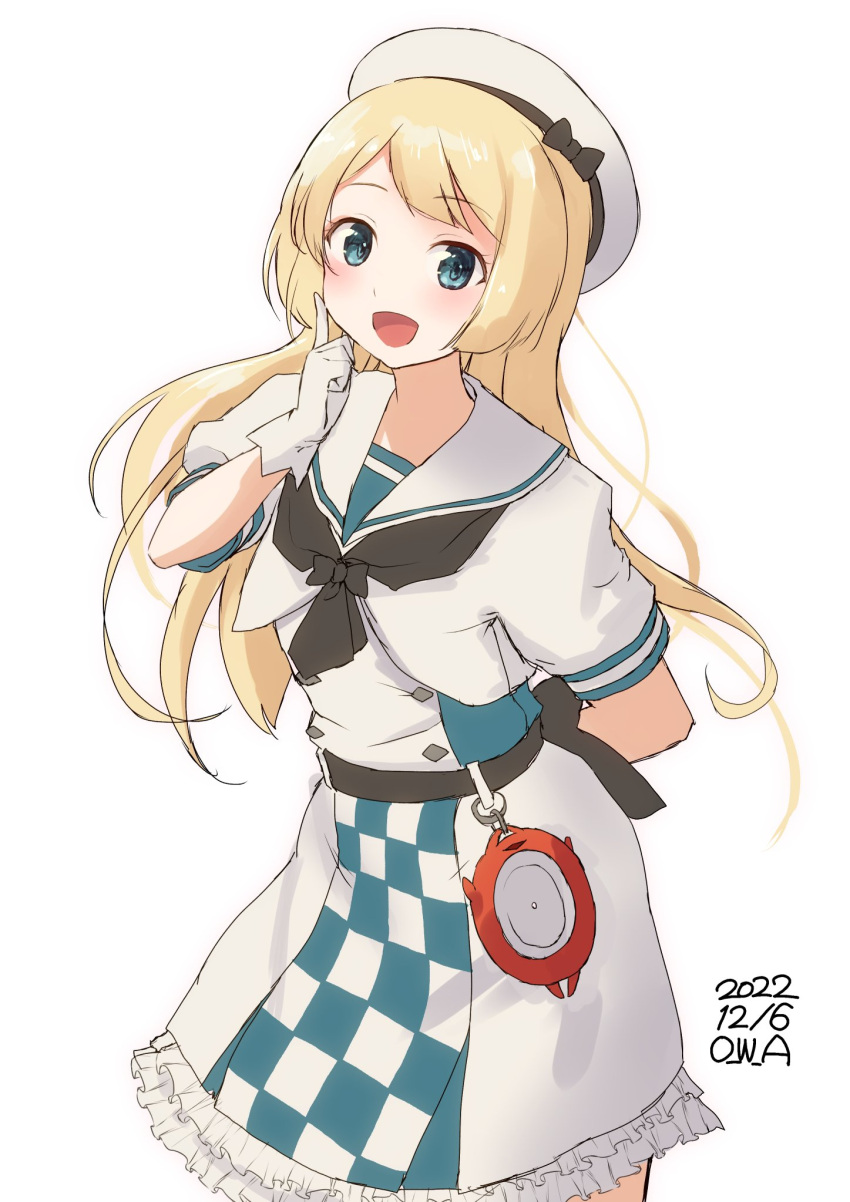 1girl adapted_costume alternate_costume blonde_hair blue_eyes blush checkered_apron compass cosplay dress enemy_lifebuoy_(kancolle) gloves hat highres jervis_(kancolle) kantai_collection long_hair michishio_(kancolle) michishio_(kancolle)_(cosplay) one-hour_drawing_challenge open_mouth owa_(ishtail) sailor_dress sailor_hat simple_background smile solo two-tone_dress white_background white_dress white_gloves white_headwear