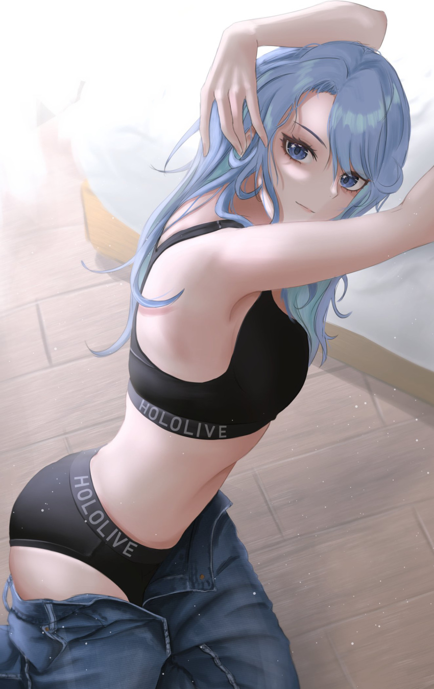 1girl adjusting_hair armpits arms_up bangs bare_arms bedside black_bra black_panties blue_eyes blue_hair bra breasts closed_mouth clothes_pull from_above highres hololive hoshimachi_suisei long_hair looking_at_viewer nape panties pants pants_pull partially_undressed product_placement rekku_n sitting small_breasts smile solo swept_bangs tsurime underwear virtual_youtuber wooden_floor