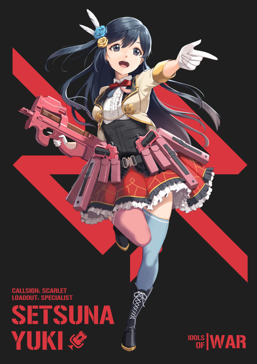 1girl afterschool_school_idol_(love_live!) asymmetrical_legwear bangs black_background black_eyes black_hair bullpup character_name commentary english_text feather_hair_ornament feathers finger_gun flower full_body gloves gun hair_flower hair_ornament handgun highres hiroki_ree holding holding_gun holding_weapon kusunoki_tomori leg_up llenn_(sao) long_hair love_live! love_live!_nijigasaki_high_school_idol_club mismatched_legwear one_side_up p90 shiny shiny_hair sidelocks solo submachine_gun sword_art_online sword_art_online_alternative:_gun_gale_online thighhighs voice_actor_connection weapon white_gloves yuuki_setsuna_(love_live!)