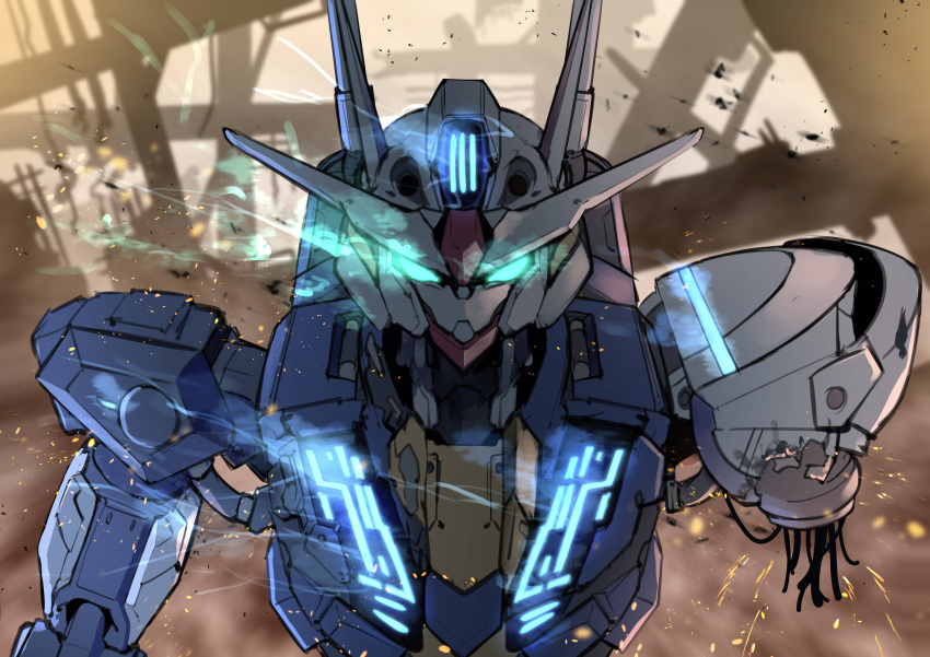 absurdres battle_damage commentary damaged glowing glowing_eyes green_eyes gundam gundam_aerial gundam_suisei_no_majo highres looking_at_viewer mecha mobile_suit no_humans ringobatake robot ruins solo upper_body v-fin