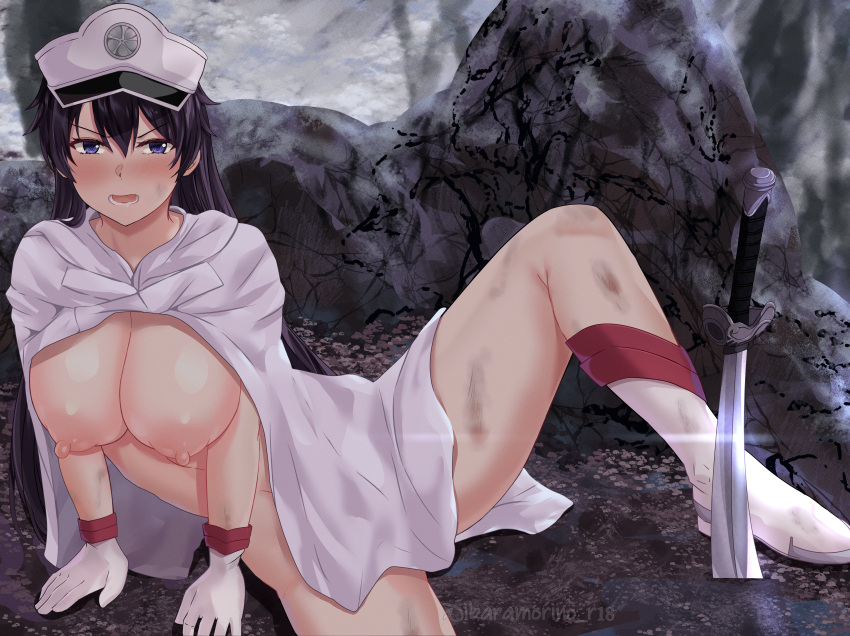 1girl absurdres bambietta_basterbine bangs black_hair bleach bleach:_the_thousand-year_blood_war blue_eyes blush breasts cape dirty embarrassed gloves hair_between_eyes hands_on_ground hat highres large_breasts long_hair looking_at_viewer lower_teeth lying military military_hat military_uniform naked_cape nipples no_panties on_ground on_side open_mouth solo spread_legs sword teeth thighs uniform wasteland watermark weapon white_cape white_footwear white_gloves yagiryu