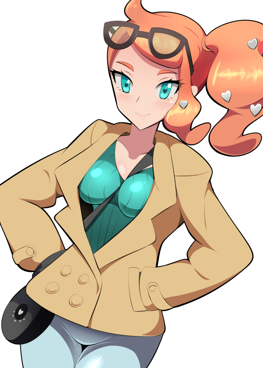 1girl aqua_eyes aqua_shirt between_breasts blue_pants breasts brown_coat coat eyewear_on_head green_eyes green_shirt hair_ornament hands_in_pockets harubato heart heart_hair_ornament highres large_breasts orange_hair pants pokemon pokemon_(game) pokemon_swsh ribbed_shirt ribbed_sweater shirt side_ponytail solo sonia_(pokemon) strap_between_breasts sunglasses sweater