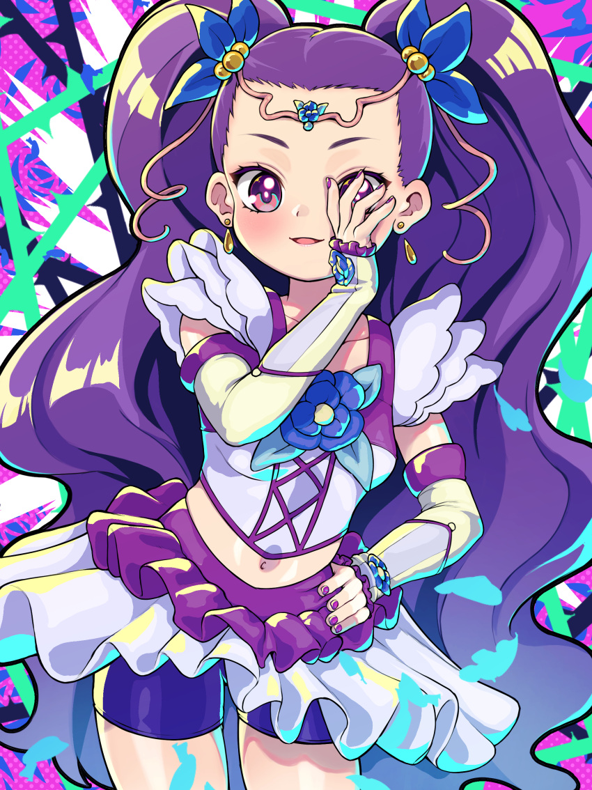 1girl absurdres elbow_gloves flower_brooch gloves hand_on_hip highres long_hair midriff milky_rose mimino_kurumi musasi1218 no_bangs ponytail precure purple_eyes purple_hair skirt smile solo yes!_precure_5 yes!_precure_5_gogo!