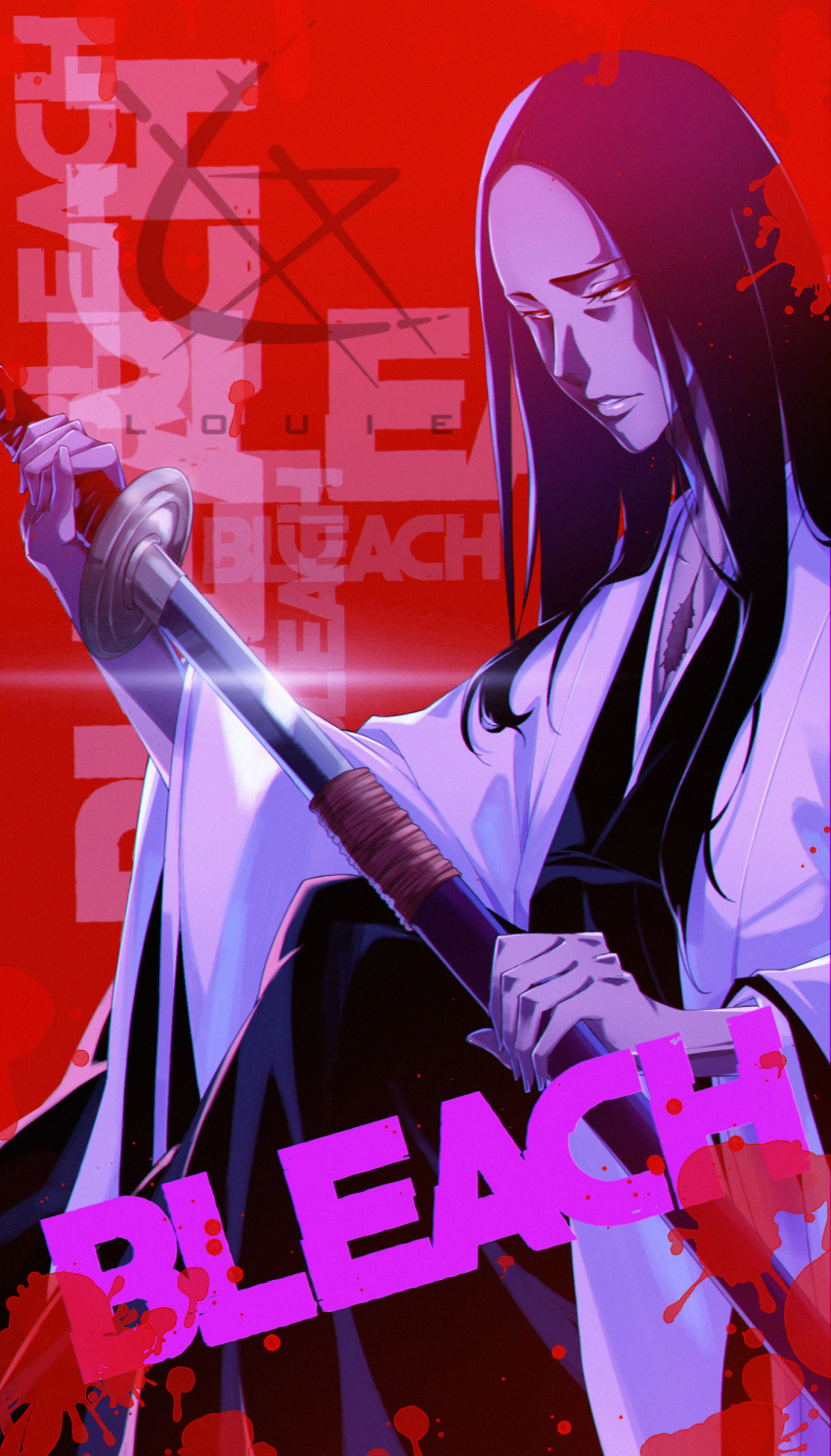 1girl absurdres black_hair bleach bleach:_the_thousand-year_blood_war blood copyright_name drawing_sword highres holding holding_sword holding_weapon katana lips long_hair long_sleeves looking_at_viewer red_background red_eyes scar shaded_face sheath solo sword unohana_retsu weapon