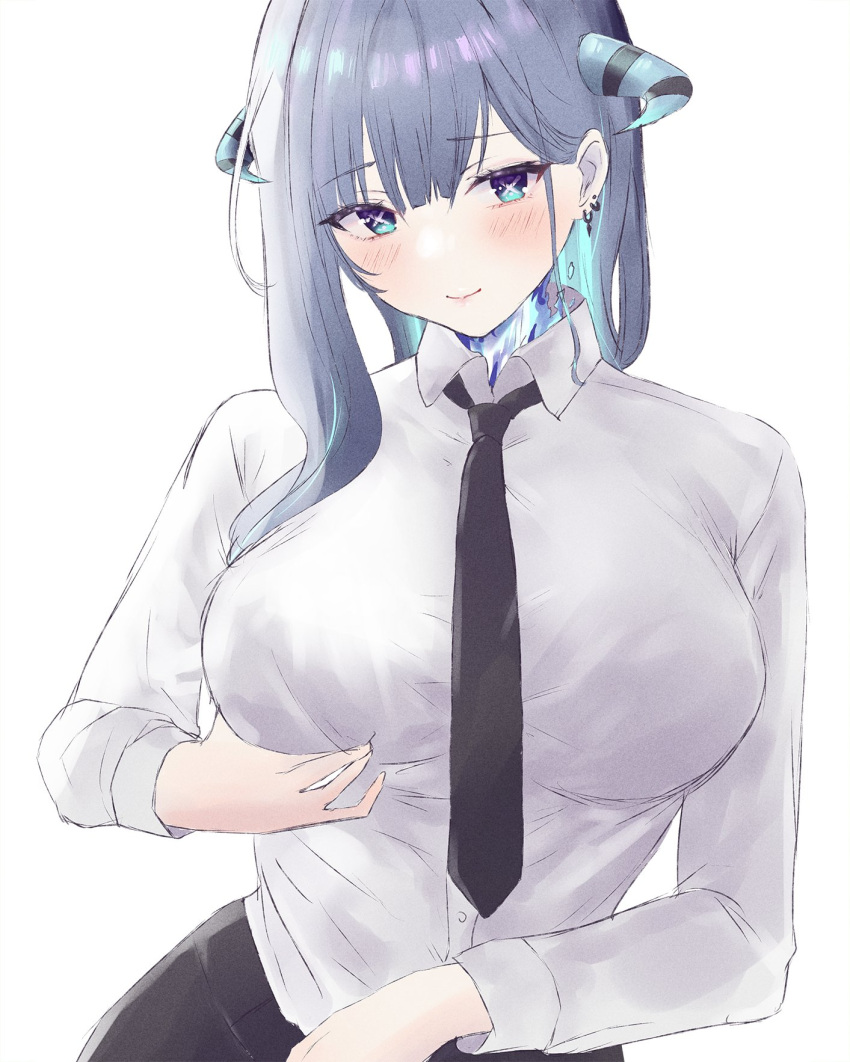 1girl black_necktie black_pants blue_eyes blue_hair breasts chainsaw_man collared_shirt cosplay dullahan fiery_hair highres horns large_breasts makima_(chainsaw_man) makima_(chainsaw_man)_(cosplay) necktie office_lady pants prism_project rikudou_yura rikudou_yura_(artist) shirt solo symbol-shaped_pupils virtual_youtuber x-shaped_pupils x_x