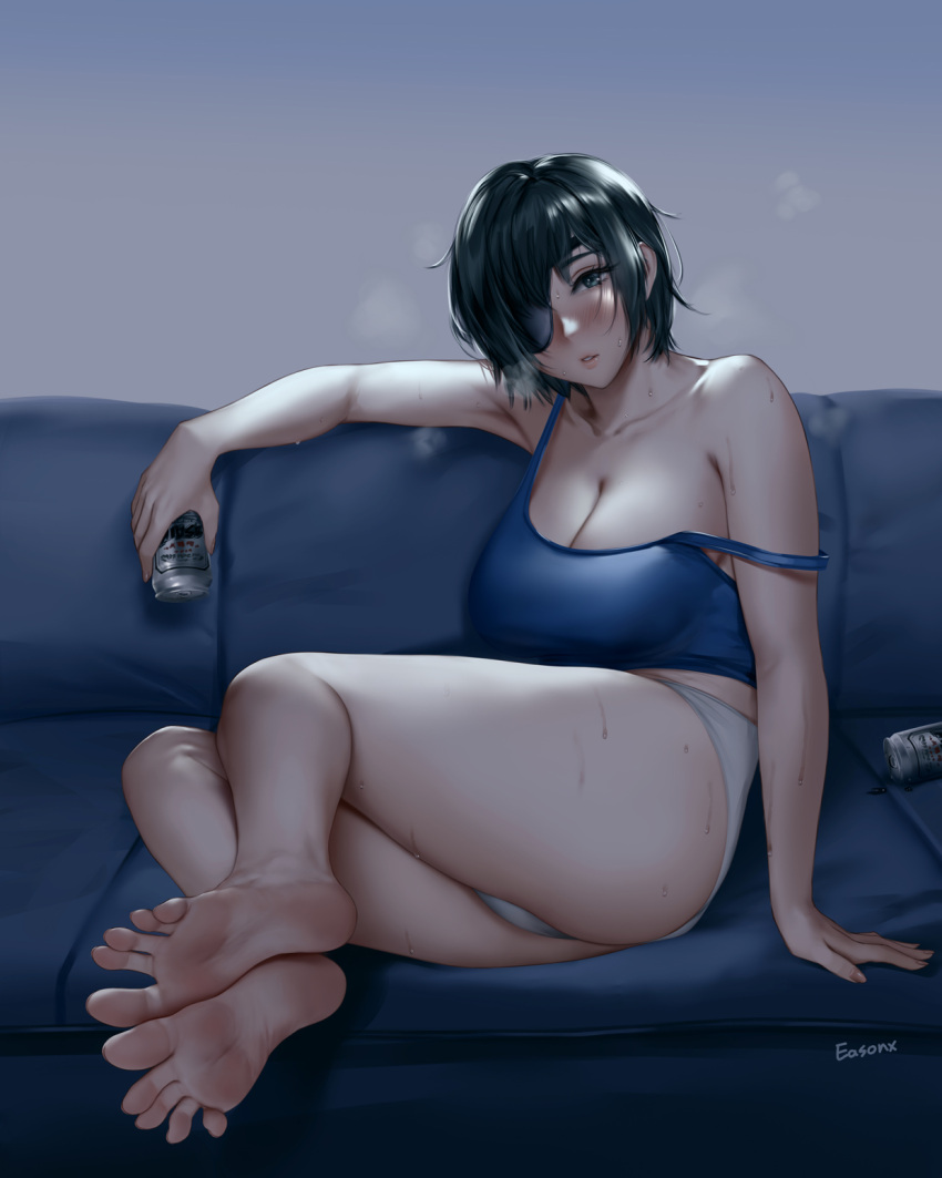 1girl bare_arms bare_legs bare_shoulders barefoot beer_can black_hair blue_bra blush bra breasts can chainsaw_man cleavage collarbone couch easonx eyepatch feet foot_focus green_eyes highres himeno_(chainsaw_man) large_breasts legs looking_at_viewer parted_lips short_hair short_shorts shorts sitting soles solo sports_bra spread_toes strap_slip sweat toes underwear white_shorts