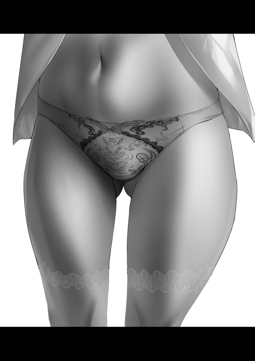 1girl ass_visible_through_thighs bow bow_panties close-up highres letterboxed monochrome navel noto_kurumi original panties simple_background solo thighhighs underwear white_background