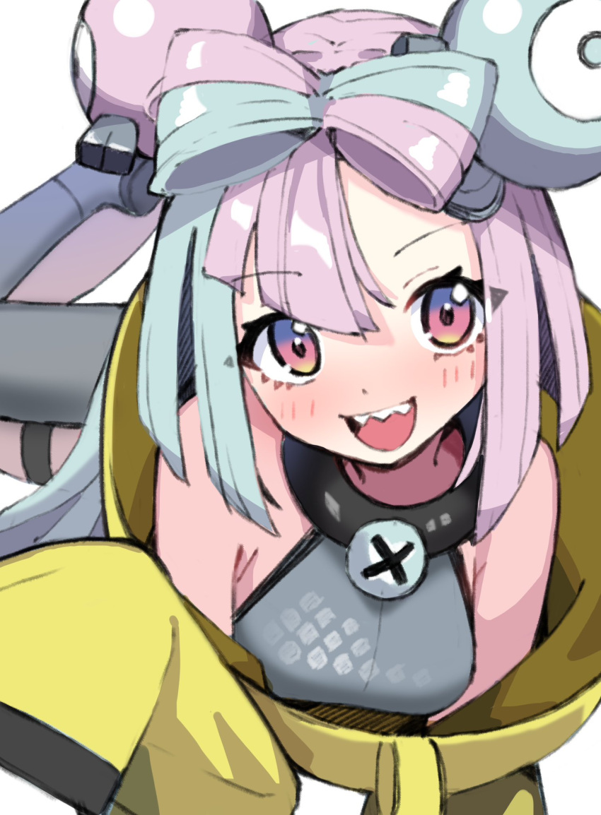 1girl aqua_hair bangs bare_shoulders black_jacket boots bow-shaped_hair gradient_eyes grey_footwear grey_pantyhose grey_shirt hexagon_print highres iono_(pokemon) jacket long_sleeves looking_at_viewer magnemite morumoru_x multicolored_clothes multicolored_eyes multicolored_hair multicolored_jacket open_mouth pantyhose pink_eyes pink_hair pokemon pokemon_(game) pokemon_sv sharp_teeth shirt simple_background single_leg_pantyhose sitting sleeveless sleeveless_shirt sleeves_past_wrists smile solo split-color_hair teeth thigh_strap two-tone_hair two-tone_jacket white_background wide_sleeves x yellow_jacket