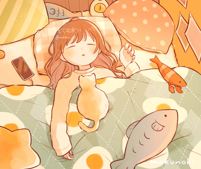 1girl absurdres animal_ears arm_rest artist_name bangs bedroom blanket brown_hair bulletin_board cable cat cat_ears cellphone charging_device clock closed_eyes dotted_line egg_print hair_flowing_over hand_rest head_on_pillow highres indoors long_hair lupinus4869 lying on_back on_bed original paper parted_lips pastel_colors phone photo_(object) pillow polka_dot_pillow romaji_text scenery sleeping smartphone star_pillow striped_pillow stuffed_animal stuffed_fish stuffed_shrimp stuffed_toy twitter_username watermark