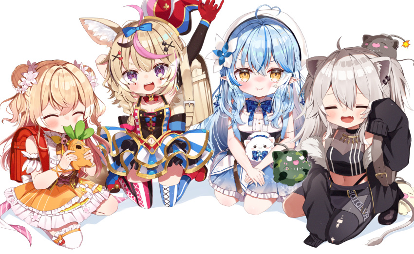 :d :i aged_down ahoge animal_ear_fluff animal_ears arms_up asymmetrical_legwear backpack bag bangs bare_arms biting black_hair black_jacket blonde_hair blue_bow blue_bowtie blue_hair blue_skirt blush bow bowtie braid cleavage_cutout closed_eyes closed_mouth clothing_cutout creature crop_top detached_sleeves double_bun dress ear_piercing elf facial_mark fang flower fourth_wall fox_ears fox_tail frilled_dress frilled_skirt frills full_body gloves grey_hair hair_between_eyes hair_bun hair_flower hair_ornament hat heart heart_ahoge highres holding holding_creature hololive jacket jester_cap lion_ears lion_tail long_hair long_sleeves looking_at_viewer midriff mismatched_legwear momosuzu_nene multicolored_hair navel nekko_(momosuzu_nene) nepolabo noi_mine omaru_polka open_clothes open_jacket orange_dress pantyhose photoshop_(medium) piercing pink_hair pointy_ears red_gloves shirt shishiro_botan single_detached_sleeve single_leg_pantyhose single_thighhigh sitting skin_fang skirt sleeveless sleeveless_shirt sleeves_past_fingers sleeves_past_wrists smile snowflake_print ssrb streaked_hair striped striped_dress striped_thighhighs tail thighhighs torn_clothes torn_pantyhose vertical-striped_thighhighs vertical_stripes very_long_hair virtual_youtuber white_shirt white_thighhighs x_hair_ornament yellow_eyes yukihana_lamy yukimin_(yukihana_lamy) zain_(omaru_polka)