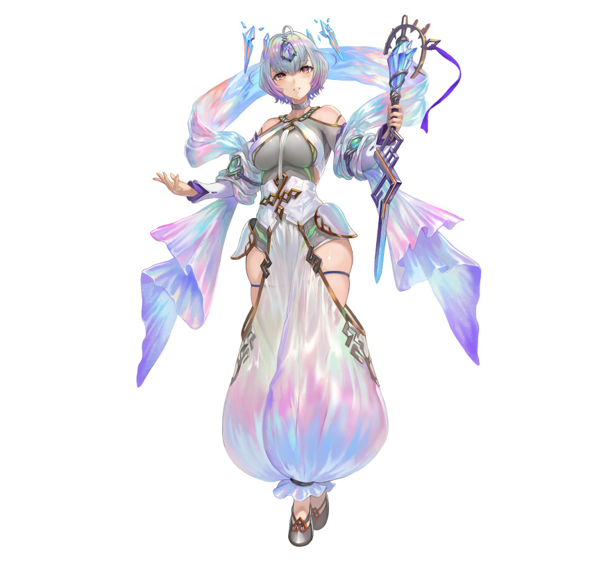 1girl ahoge aqua_hair bangs bare_shoulders breasts fire_emblem fire_emblem_heroes floating floating_object full_body gradient_clothes green_hair highres holding holding_staff jewelry large_breasts multicolored_eyes multicolored_hair official_art open_pants pants puffy_pants purple_hair seidr_(fire_emblem) short_hair simple_background skindentation smile solo staff standing thick_thighs thigh_strap thighs tight white_background yoshiku_(oden-usagi)
