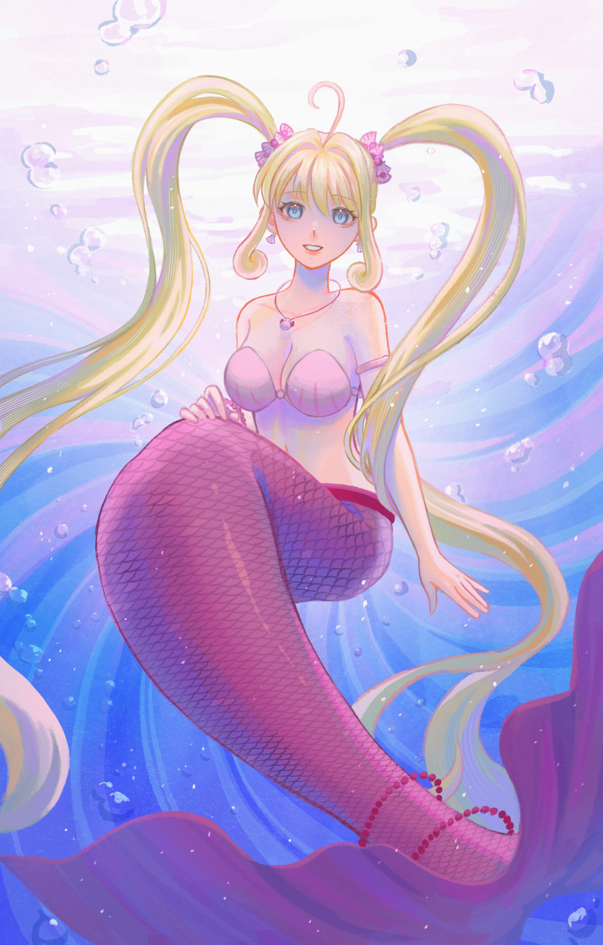 1girl absurdres ahoge blonde_hair blue_eyes breasts day full_body highres jewelry liliantsai0417 looking_at_viewer mermaid mermaid_melody_pichi_pichi_pitch monster_girl nanami_lucia navel necklace outdoors pink_scrunchie scrunchie shell shell_bikini sidelocks small_breasts twintails underwater