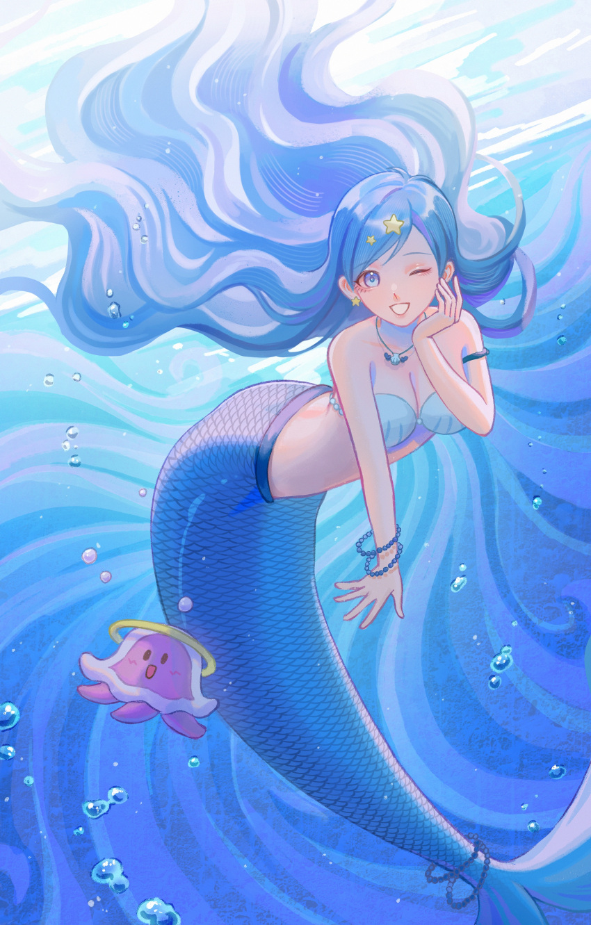 1girl absurdres armlet bead_bracelet beads bikini blue_bikini blue_eyes blue_hair bracelet breasts day earrings full_body hair_ornament highres houshou_hanon jellyfish jewelry liliantsai0417 looking_at_viewer medium_breasts mermaid mermaid_melody_pichi_pichi_pitch monster_girl necklace one_eye_closed outdoors shell shell_bikini star_(symbol) star_earrings star_hair_ornament swimsuit underwater