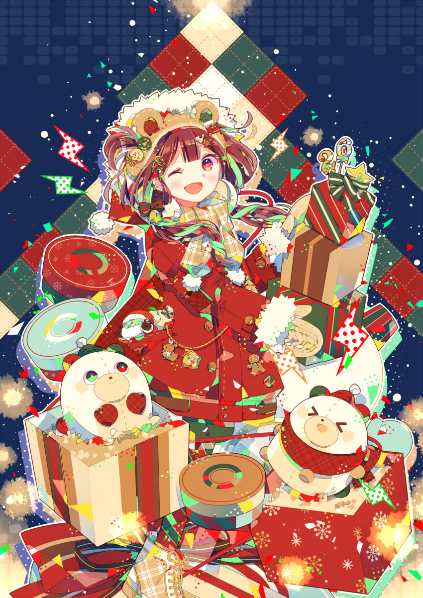 &gt;_&lt; 1girl animal_ears argyle argyle_background bangs bear_ears blue_background blue_eyes blunt_bangs box brown_hair brown_hairband buttons charm_(object) coat commentary cookie food fur fur-trimmed_mittens gift gift_box gingerbread_house gingerbread_man green_headwear green_ribbon hairband hat heterochromia hghrttm highres lightning_bolt_symbol looking_at_viewer mini_hat mini_santa_hat mittens multicolored_background multicolored_eyes numbered one_eye_closed open_mouth original plaid plaid_scarf polka_dot purple_eyes red_coat red_eyes red_headwear red_scarf ribbon santa_hat scarf shoelaces shoes smile snowflake_print snowing star-shaped_pupils star_(symbol) stuffed_animal stuffed_toy symbol-shaped_pupils two-tone_footwear two-tone_ribbon white_footwear white_ribbon winter_clothes wrapped yellow_eyes yellow_scarf