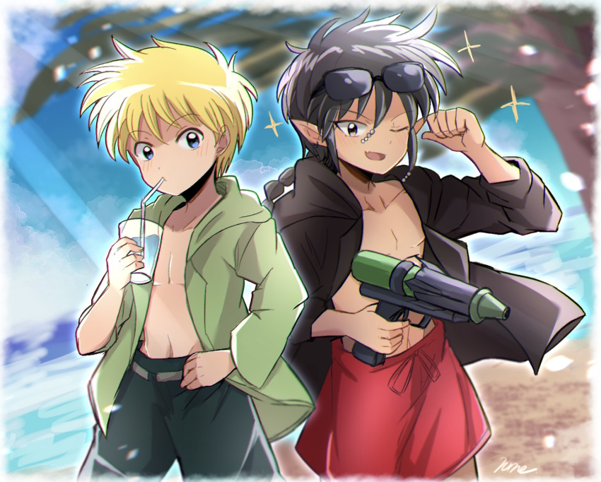 2boys beach black_hair black_jacket blonde_hair blue_eyes blurry blurry_background braid brown_eyes cup day drink drinking_straw eyewear_on_head green_jacket hand_up highres holding holding_cup jacket long_hair mahoujin_guruguru male_focus male_swimwear multiple_boys nike_(mahoujin_guruguru) one_eye_closed open_clothes open_jacket open_mouth outdoors raid_(mahoujin_guruguru) red_swim_trunks rune_(ruupokesmash54) sidelocks sunglasses swim_trunks water_gun