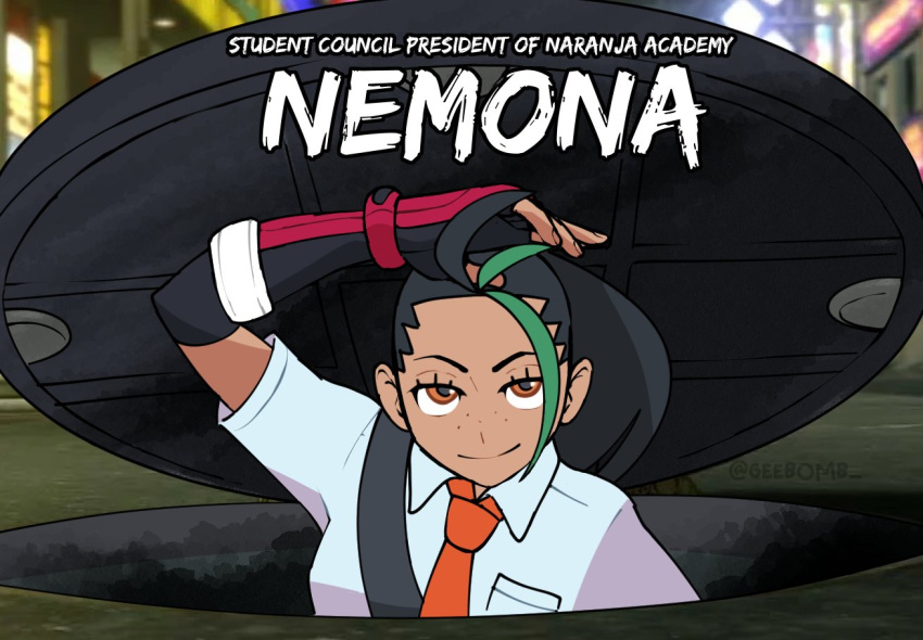 1girl black_gloves black_hair closed_mouth elbow_gloves english_commentary fingerless_gloves freckles geebomb gloves green_hair long_sleeves majima_everywhere manhole manhole_cover multicolored_hair naranja_academy_uniform necktie nemona_(pokemon) orange_necktie pokemon pokemon_(game) pokemon_sv shirt smile solo streaked_hair upper_body white_shirt