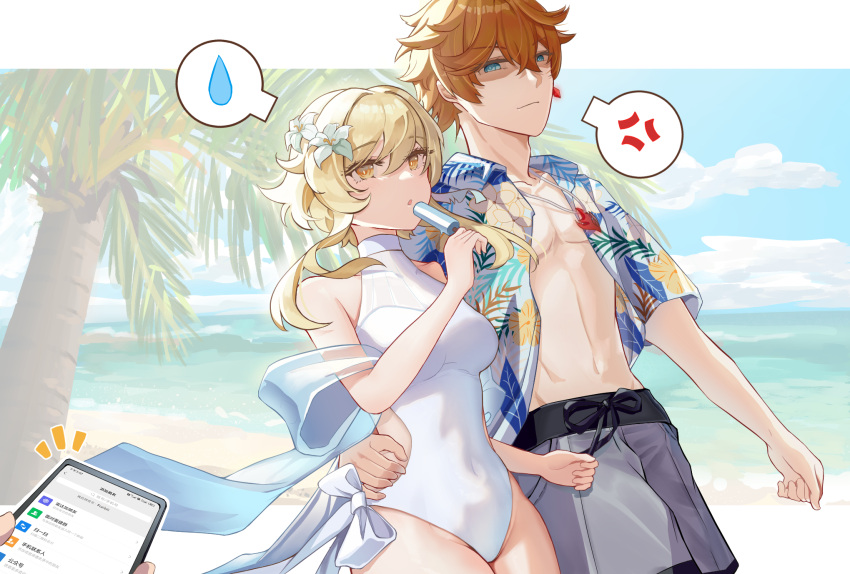 1boy 1girl 1other alternate_costume anger_vein bangs bare_shoulders beach black_bow blonde_hair blue_eyes blue_sky border bow breasts cellphone closed_mouth cloud cloudy_sky collarbone collared_shirt crossed_bangs crystal crystal_earrings earrings english_commentary eyelashes floral_print flower food genshin_impact grey_flower grey_shorts hair_between_eyes hair_flower hair_ornament hand_up hawaiian_shirt highres holding holding_food holding_ice_cream holding_phone huransiiru ice_cream jewelry leaf leaf_print lily_(flower) lumine_(genshin_impact) medium_breasts navel no_headwear ocean open_clothes open_mouth open_shirt orange_hair outdoors outside_border palm_tree phone pocket sand shaded_face shirt short_hair short_hair_with_long_locks short_sleeves shorts sidelocks single_earring sky smartphone speech_bubble standing summer swimsuit tartaglia_(genshin_impact) tree v-shaped_eyebrows water water_drop white_border white_bow white_swimsuit yellow_eyes yellow_flower