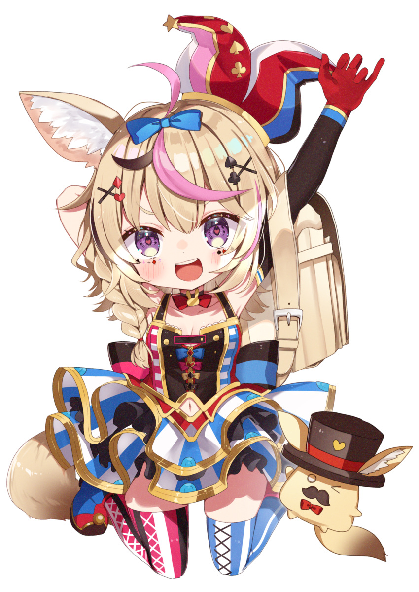 1girl :d ahoge animal_ear_fluff animal_ears arms_up asymmetrical_legwear backpack bag bangs black_hair blonde_hair blush detached_sleeves dress facial_mark fox_ears fox_tail gloves hair_ornament hat highres hololive jester_cap long_hair looking_at_viewer mismatched_legwear multicolored_hair noi_mine omaru_polka photoshop_(medium) pink_hair red_gloves single_detached_sleeve smile solo streaked_hair striped striped_dress striped_thighhighs tail thighhighs vertical-striped_thighhighs vertical_stripes virtual_youtuber x_hair_ornament zain_(omaru_polka)