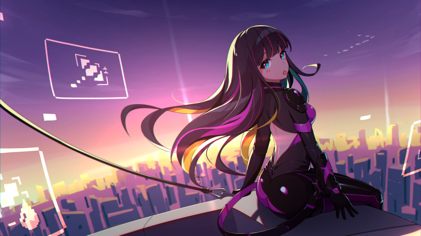 1girl absurdres ass back black_hair blue_eyes bodysuit building city from_behind girls'_frontline girls'_frontline_neural_cloud highres long_hair looking_at_viewer looking_back multicolored_hair nascita_(girls'_frontline_nc) outdoors pink_hair sitting solo tongue tongue_out two-tone_hair wo_you_yibei_jia_wanli