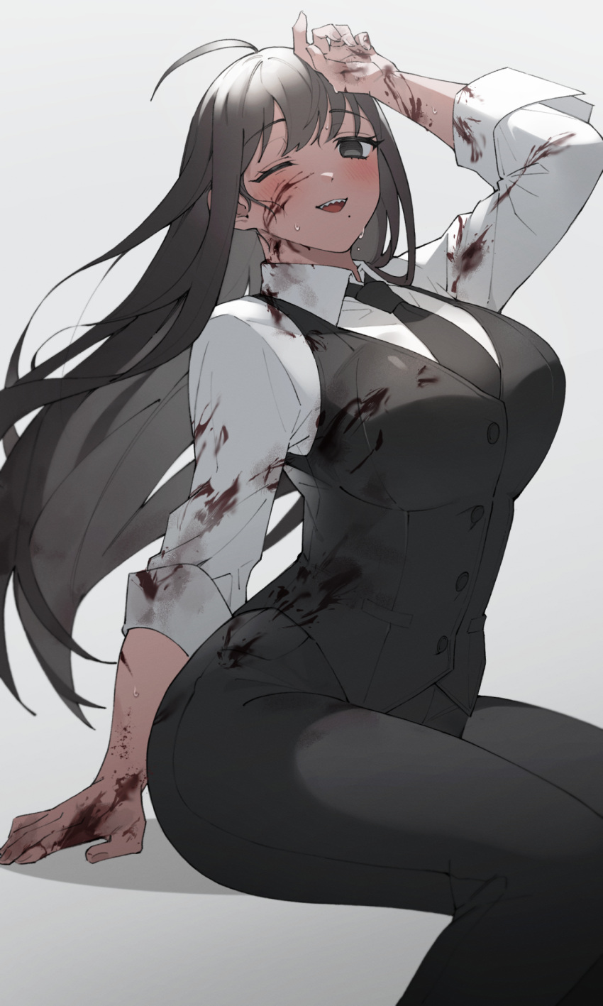 1girl ahoge bangs black_hair black_necktie black_pants blood blood_on_clothes blood_on_face blood_on_hands blush breasts collared_shirt dress_shirt grey_eyes hand_on_own_head hand_up highres large_breasts long_hair lvemhrd mole mole_under_mouth necktie no_pupils one_eye_closed original pants sharp_teeth shirt sitting smile solo teeth very_long_hair waistcoat white_shirt