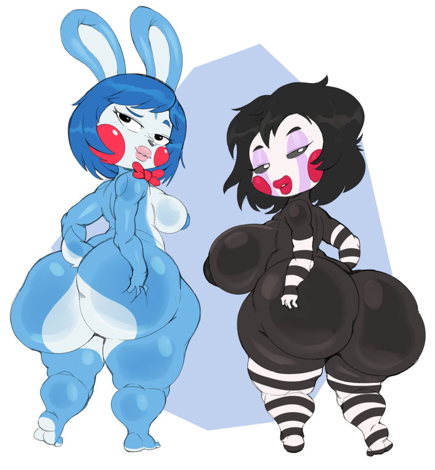 anthro areola big_breasts big_butt black_areola black_body black_eyes black_hair black_sclera blue_areola blue_hair blush blush_stickers bow_tie breasts butt crossgender duo female five_nights_at_freddy's five_nights_at_freddy's_2 hair hand_on_butt hi_res huge_breasts huge_butt humanoid lagomorph leporid looking_at_viewer looking_back mammal marionette_(fnaf) mtf_crossgender multicolored_body narrowed_eyes nude purple_yoshi_draws rabbit scottgames side_boob thick_thighs toy_bonnie_(fnaf) two_tone_body video_games white_eyes wide_hips