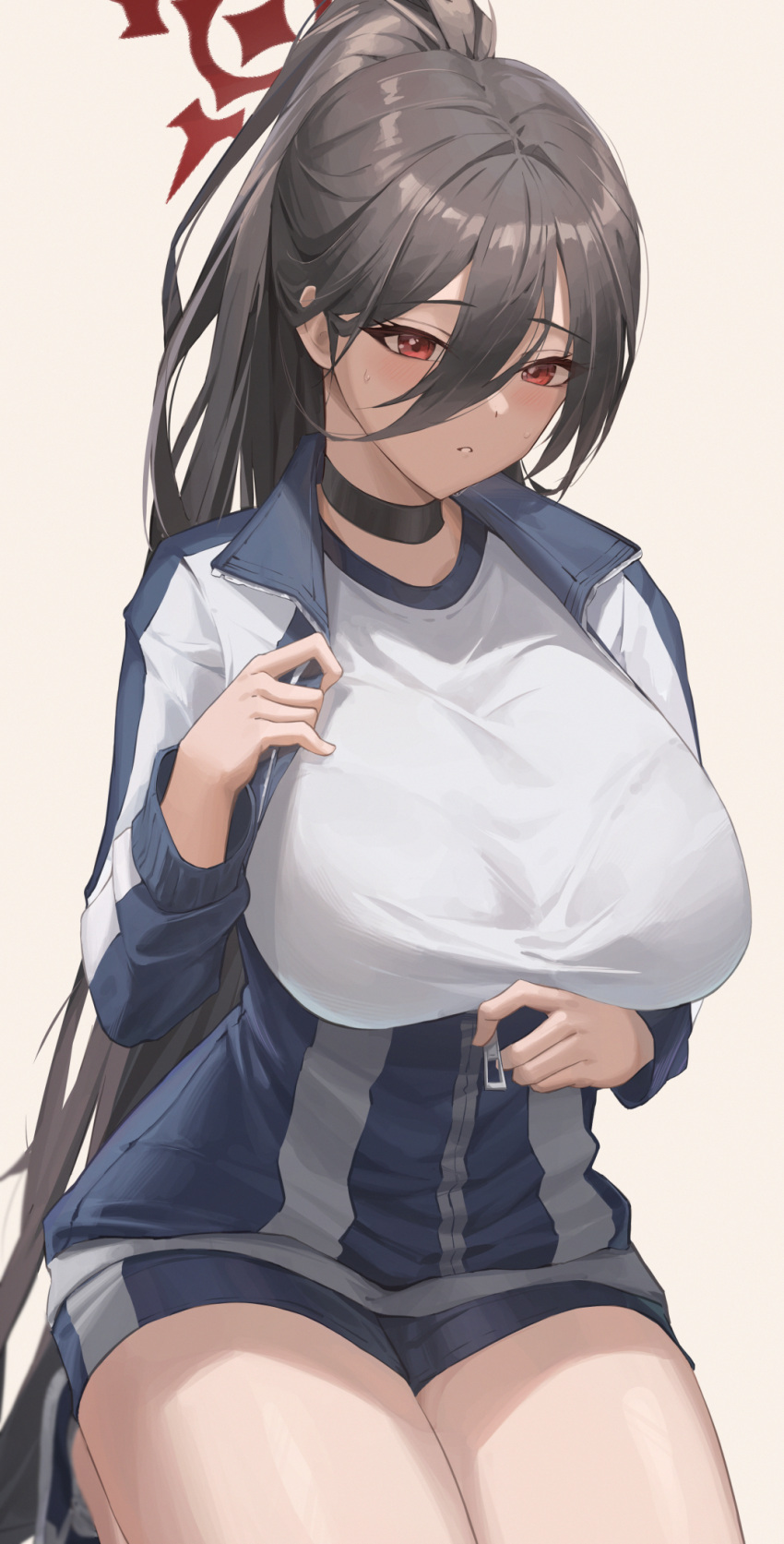 1girl bangs black_choker black_hair blue_archive blue_jacket blush breasts choker collared_jacket commentary_request eyelashes gym_shirt gym_uniform hair_between_eyes halo hand_up hasumi_(blue_archive) hasumi_(gym_uniform)_(blue_archive) high_ponytail highres jacket kneeling large_breasts long_bangs long_hair long_sleeves looking_at_viewer official_alternate_costume open_clothes open_jacket parted_lips partially_unzipped ponytail pray_(furei) red_eyes shirt shoes sidelocks simple_background sitting sneakers solo sweat track_suit very_long_hair white_background white_shirt zipper zipper_pull_tab