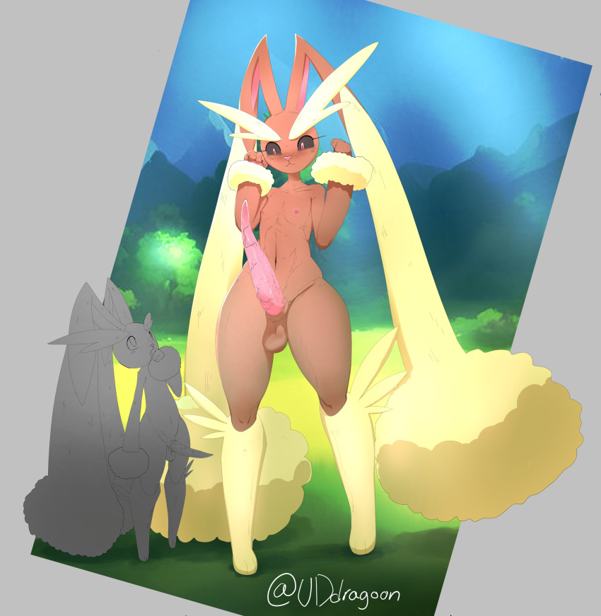 absurd_res alpha_pok&eacute;mon anthro balls big_ears big_penis black_sclera brown_body brown_fur duo erection eyebrows fluffy_ears fur generation_4_pokemon genitals girly hi_res lagomorph larger_male long_ears long_eyebrows looking_up lopunny male male/male mammal nature nintendo nude outside penis penis_size_difference plant pokemon pokemon_(species) size_difference smaller_male standing tapering_penis tree uddragoon video_games wrist_fluff