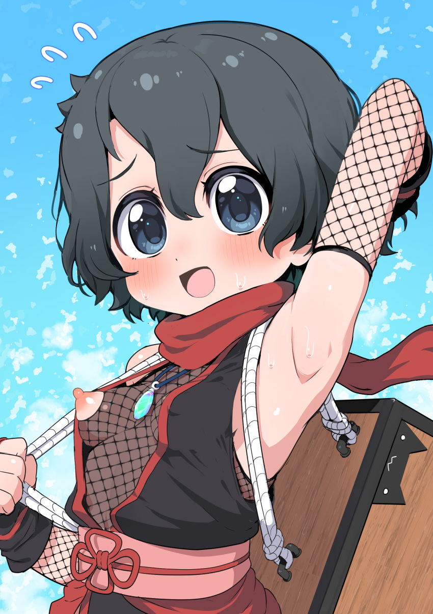 1girl absurdres armpits bad_source blush breasts cleavage gloves highres kaban_(kemono_friends) kemono_friends looking_at_viewer ninja nipple_slip nipples open_mouth ransusan scarf shirt short_hair simple_background sleeveless sleeveless_shirt small_breasts solo sweat