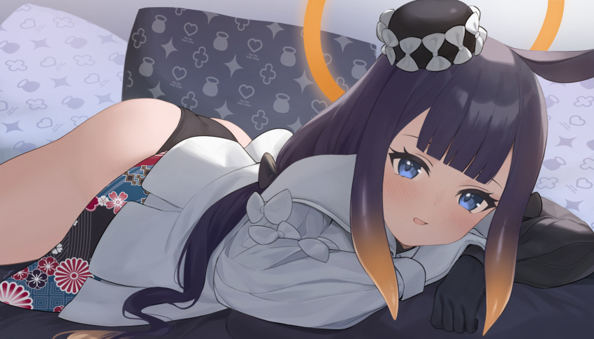 1girl bangs black_pantyhose blue_eyes gloves halo hat highres hololive hololive_english long_hair looking_at_viewer lying mini_hat ninomae_ina'nis on_stomach open_mouth pantyhose pillow purple_hair s.w smile solo tentacle_hair
