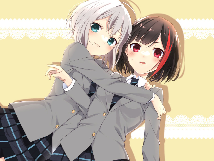 2girls ahoge ameno_s3 aoba_moca arm_at_side bang_dream! bangs black_hair blazer blue_eyes blue_necktie blue_skirt blush bob_cut breasts commentary diagonal-striped_necktie dress_shirt dutch_angle embarrassed grey_hair grey_jacket hair_between_eyes hand_up hands_on_another's_shoulders haneoka_school_uniform highres hug jacket lace light_smile long_sleeves looking_at_viewer mitake_ran multicolored_hair multiple_girls necktie parted_lips plaid plaid_skirt pleated_skirt red_eyes red_hair school_uniform shirt short_hair side-by-side skirt small_breasts smile streaked_hair striped striped_necktie sweatdrop upper_body v-shaped_eyebrows wavy_mouth white_shirt yellow_background