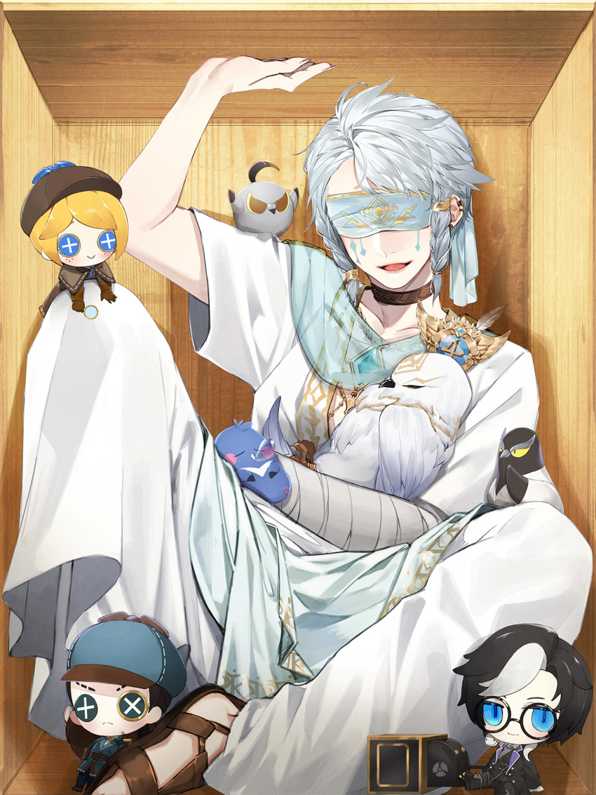 bishounen box braid button_eyes covered_eyes cross eli_clark emma_woods highres identity_v in_box in_container joseph_desaulniers male_focus naib_subedar official_art open_mouth puppet sitting smile twin_braids white_hair