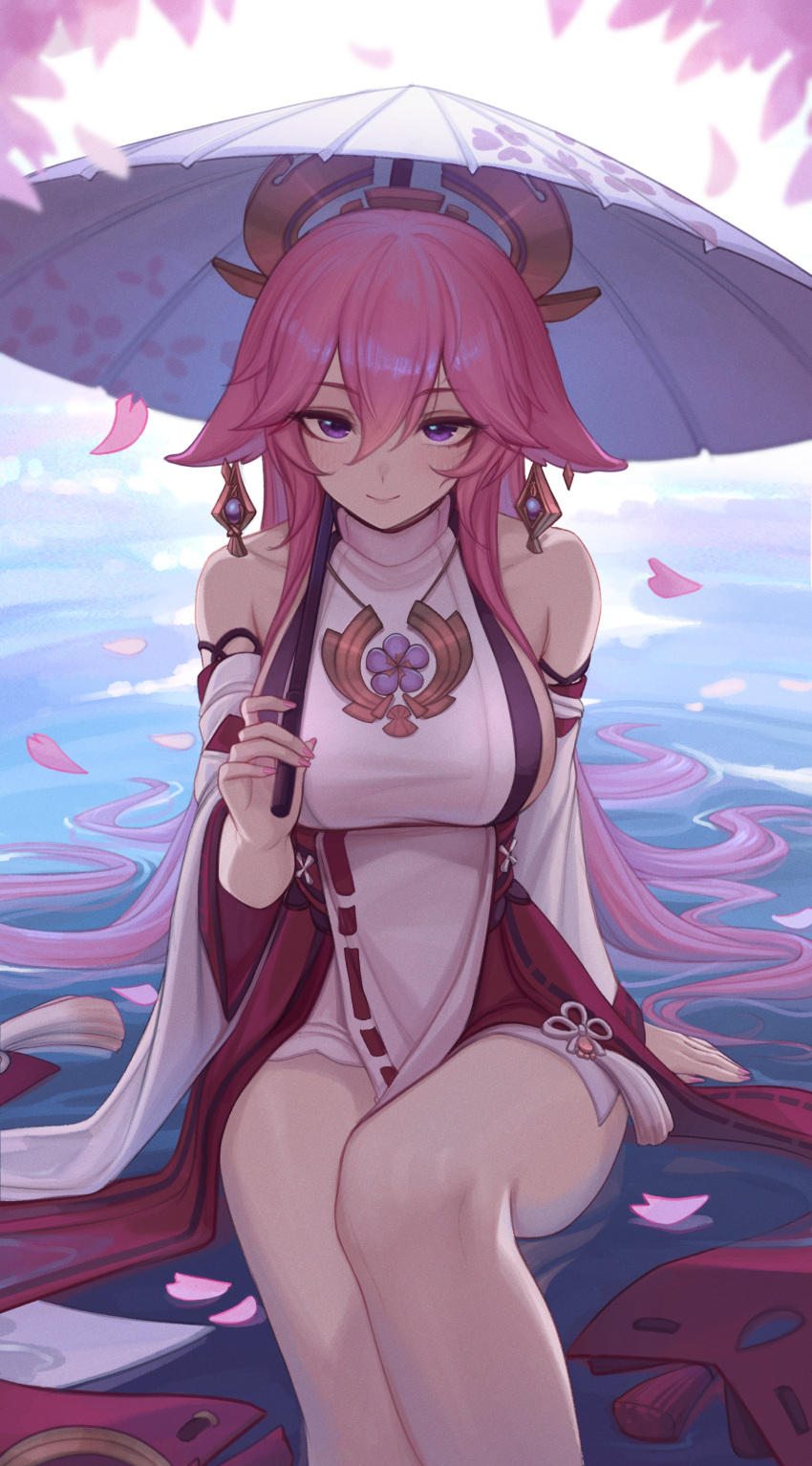1girl absurdres bare_shoulders blush breasts closed_mouth earrings feet_out_of_frame fingernails genshin_impact hair_between_eyes highres holding holding_umbrella jewelry large_breasts legs_together long_hair looking_at_viewer nail_polish necklace oil pelvic_curtain petals petals_on_liquid pink_hair pink_nails purple_eyes seductive_smile shellvi sideboob sitting sitting_on_water smile solo umbrella very_long_hair yae_miko