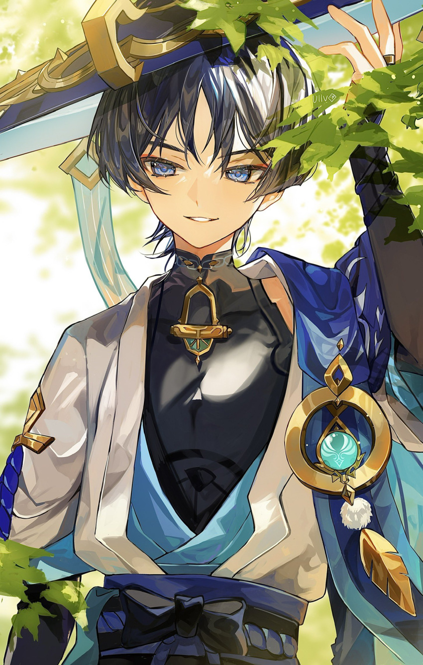 1boy arm_up artist_name bangs black_bow black_hair black_shirt bloom blue_cape blue_eyes blue_headwear blue_ribbon blue_sash blunt_ends blurry blurry_background bow branch bridal_gauntlets cape commentary covered_collarbone day eyeshadow feathers genshin_impact gold_trim hat highres jacket japanese_clothes jingasa leaf looking_at_viewer makeup male_focus obi outdoors parted_bangs parted_lips pom_pom_(clothes) red_eyeshadow ribbon sash scaramouche_(genshin_impact) shirt short_hair short_sleeves sidelocks sleeveless sleeveless_shirt smile solo sunlight teeth upper_body utsuhostoria vision_(genshin_impact) wanderer_(genshin_impact) white_jacket wide_sleeves