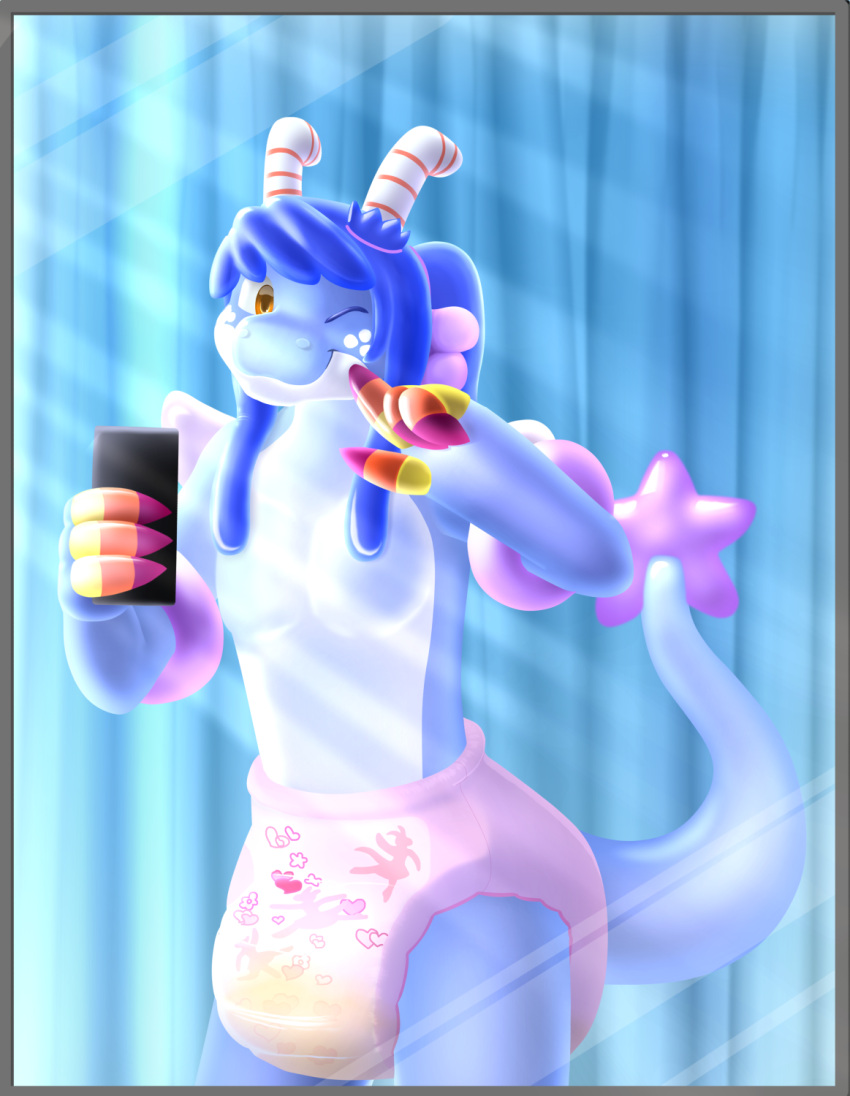 angel_dragon animate_inanimate anthro binkyroom bodily_fluids cellphone chrissy_(zoran) curtains diaper dragon female genital_fluids gesture hi_res holding_cellphone holding_object holding_phone inflatable living_inflatable looking_at_viewer mirror mirror_shine one_eye_closed pattern_diaper phone pointing pointing_at_self pool_toy printed_diaper pull_up rings_on_arms selfie smile solo tail_star urine wet_diaper wetting wink winking_at_viewer yellow_diaper